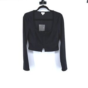 Le Lis Cropped Cardigan Hook And Eye Large Black Women Square Neck Knit Top